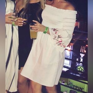 Ted Baker off the shoulder mini dress w/ floral embroidered sleeves